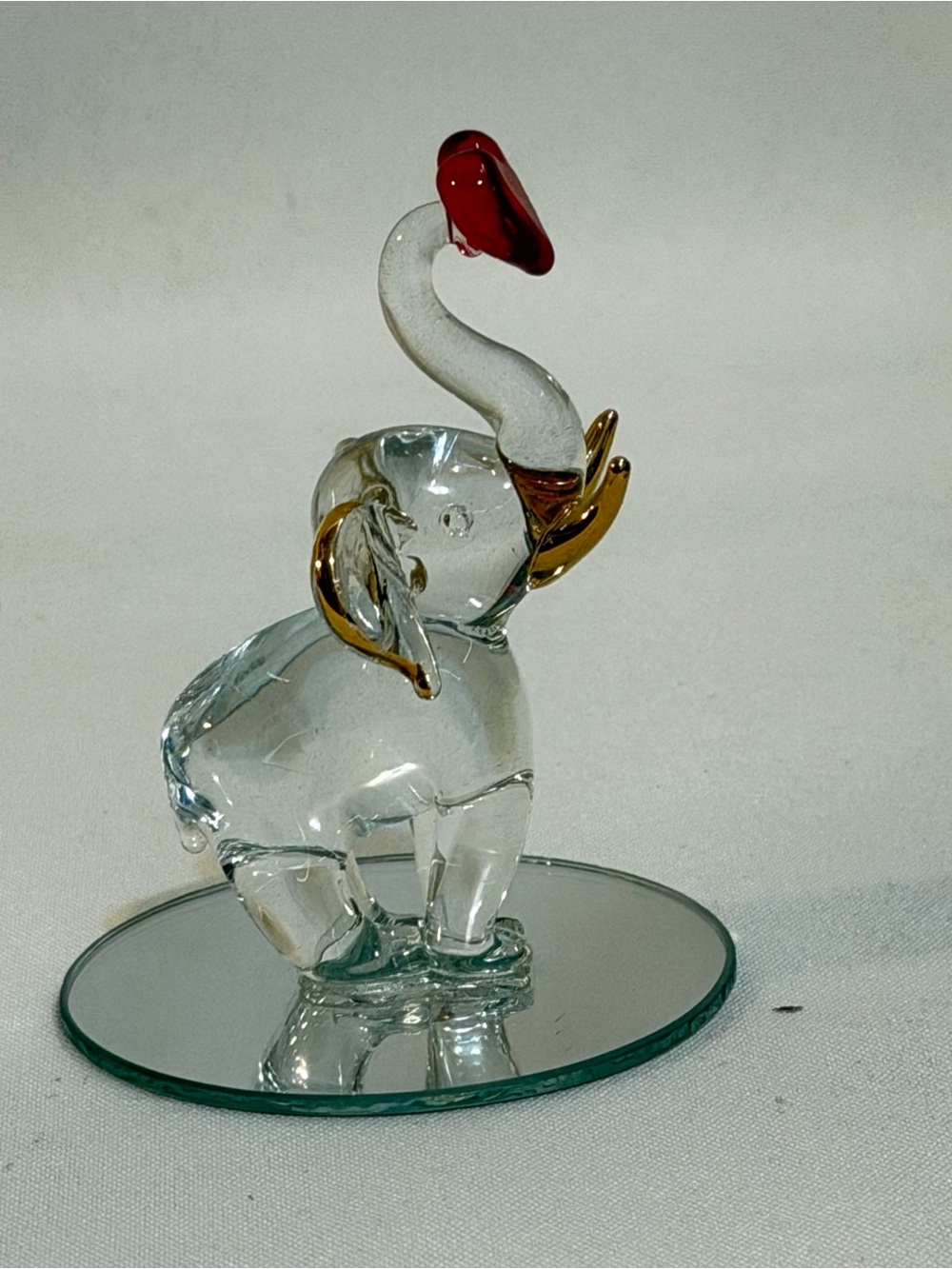 Miniature Blown Glass Elephant Figurine on Mirror Red Heart Gold Accents 2.5-3”